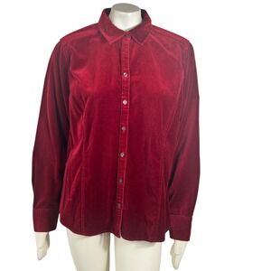 Eddie Bauer Womens Red Velour Button Front Top Blouse Collar Cotton Warm Tall XL